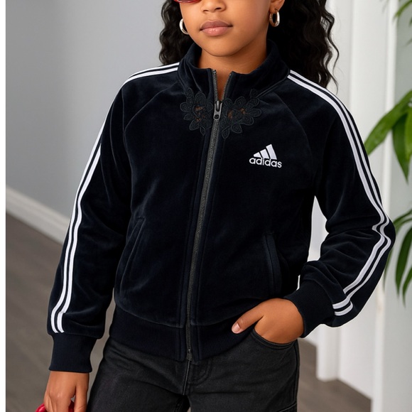 Adidas Girls' Black Iconic Tricot Jogger Full-Zip Jacket Iridescence Stripes Sz - Picture 1 of 7